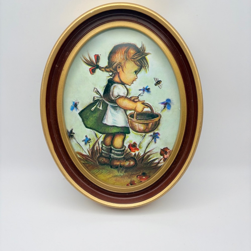 Vintage Evan Hummel Style Framed Art Print Gold Brown Oval Girl Flowers Bee